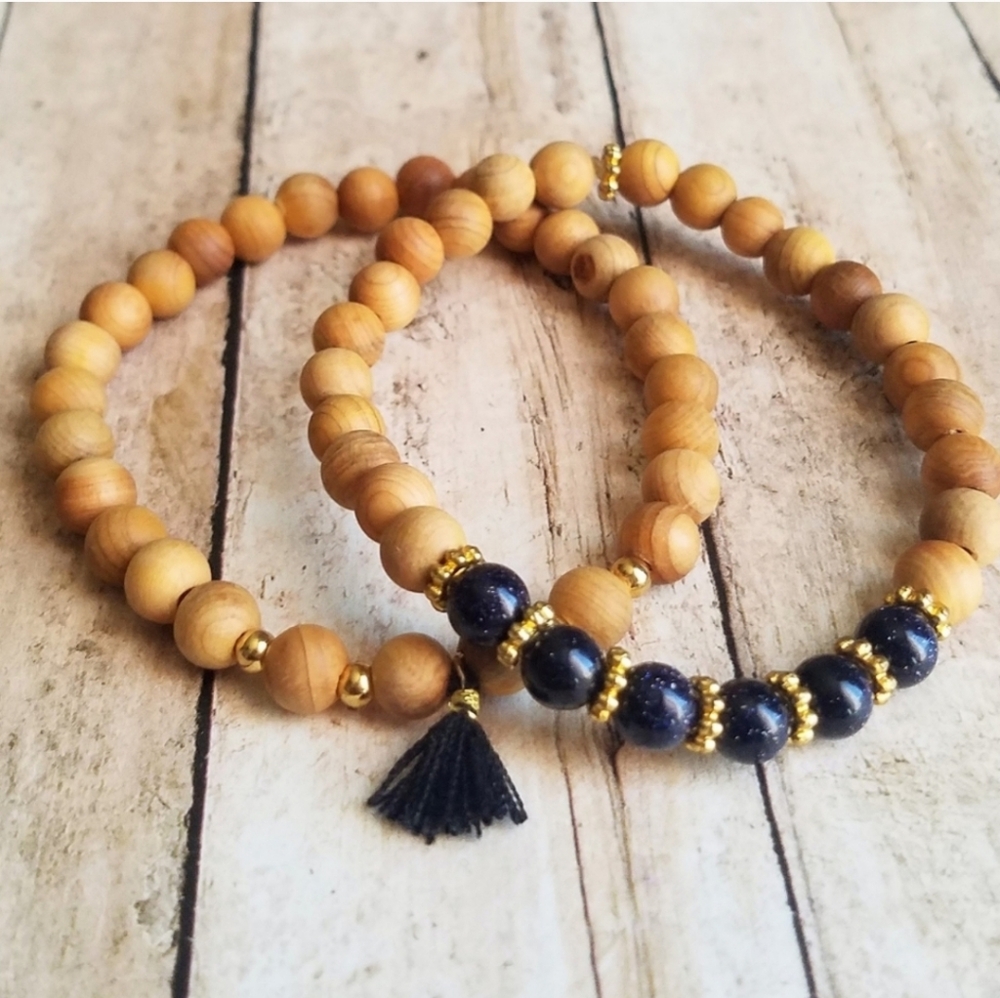 Blue Goldstone + Sandalwood Bracelets - Picture 2 of 2